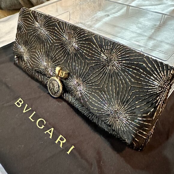 Stunning Authentic BVLGARI MONETE Black & Gold Beaded Clutch - Picture 2 of 14